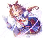  1girl ahoge akashio_(loli_ace) animal_ears bag between_breasts blue_skirt breasts brown_hair center_frills collared_shirt commentary_request frills gloves hairband highres horse_ears horse_girl horse_tail large_breasts long_sleeves meisho_doto_(umamusume) multicolored_hair open_mouth pantyhose pink_hairband purple_eyes running shirt shoulder_bag simple_background skirt solo strap_between_breasts streaked_hair tail umamusume white_background white_gloves white_hair white_pantyhose white_shirt 
