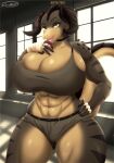  abs absurd_res anthro bethesda_softworks big_breasts breast_squish breasts choker clothing curvy_figure deathclaw fallout female finger_fetish finger_lick finger_play fingers hand_on_hip hand_wraps hi_res horn huge_breasts inside jewelry licking looking_at_viewer muscular muscular_arms muscular_female necklace non-mammal_breasts orange_eyes solo sovulsen squish standing thick_thighs tight_clothing tongue tongue_out wide_hips wraps 