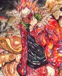  1boy black_shirt dorohedoro en_(dorohedoro) highres jacket male_focus mask mouth_mask mushroom pants red_hair red_jacket red_pants row_(akatuki) shirt spiked_hair thumb_in_pocket zipper 