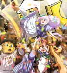  1other 3girls animal_ears aqua_bow baseball_cap blurry blurry_background bow bowtie brown_hair brown_headwear cheering commentary_request confetti ear_bow gold_ship_(umamusume) hair_between_eyes hanshin_tigers hat headgear highres horse_ears horse_girl horse_tail horseshoe light_brown_hair loafers long_hair mascot mascot_head mejiro_mcqueen_(umamusume) multicolored_hair multiple_girls nippon_professional_baseball pac-man_eyes pillbox_hat pinstripe_pattern pinstripe_shirt pleated_skirt puffy_short_sleeves puffy_sleeves purple_bow purple_bowtie purple_eyes purple_hair purple_shirt red_eyes sailor_collar sailor_shirt school_uniform segen_(segen311) shirt shoes short_sleeves skirt stadium streaked_hair striped summer_uniform tail tokai_teio_(umamusume) tracen_school_uniform two-tone_hair umamusume white_sailor_collar white_skirt wide_face 