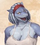  2023 accessory amber_eyes anthro aria_(neracoda) blue_body blue_skin breasts camisole cleavage clothed clothing dreadlocks female fish hair headband heart_necklace hi_res looking_at_viewer marine open_mouth redustheriotact shark sharp_teeth short_hair simple_background sketch solo teeth 