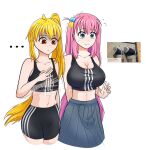  black_sports_bra bocchi_the_rock! breasts couple cube_hair_ornament gotoh_hitori hair_ornament highres ijichi_nijika large_breasts long_hair meme photo_(medium) picture_frame real simple_background skirt small_breasts sports_bra sportswear white_background yumiy_salin 