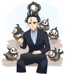  1boy bag_on_lap bird biting_hair black_eyes black_hair black_jacket black_pants black_suit blue_necktie closed_mouth cloud_print collared_shirt eating food grey_hair grey_shirt highres hoshi_(star-name2000) jacket larry_(pokemon) male_focus multicolored_hair necktie on_head on_shoulder onigiri outdoors pants pokemon pokemon_(creature) pokemon_(game) pokemon_on_head pokemon_on_shoulder pokemon_sv print_necktie salaryman shirt simple_background sitting_on_bench starly streaked_hair suit thick_eyebrows two-tone_hair 