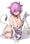  1girl animal_collar animal_ears animal_print aochoku bell bikini bottle breast_pump breasts collar cow_ears cow_horns cow_print dogeza elbow_gloves fake_animal_ears fake_tail fate/grand_order fate_(series) glasses gloves highres horns lactation lactation_through_clothes large_breasts mash_kyrielight milk milk_bottle milking_machine neck_bell pink_hair side-tie_bikini_bottom swimsuit tail thighhighs 