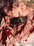  2girls artist_name black_hair blonde_hair blood blood_on_face breasts cleavage closed_eyes hand_on_another&#039;s_shoulder highres imminent_kiss looking_at_another multiple_girls original rrr_(reason) yuri 