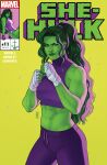  1girl abs absurdres bandaged_hand bandages character_name colored_skin company_name copyright_name english_text green_eyes green_hair green_skin highres jen_bartel logo long_hair looking_at_viewer marvel midriff pants purple_pants she-hulk signature simple_background solo 