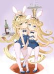  2girls alcohol animal_ears ass_visible_through_thighs bare_shoulders blonde_hair blue_eyes blue_footwear blue_leotard bottle bow bowtie breasts charlotta_(granblue_fantasy) covered_navel crown cup detached_collar drinking_glass fake_animal_ears fake_tail full_body granblue_fantasy green_eyes harvin highres legs leotard long_hair looking_at_viewer m-eine melissabelle multiple_girls pantyhose playboy_bunny pointy_ears rabbit_ears rabbit_tail shoes small_breasts smile standing standing_on_one_leg strapless strapless_leotard tail thighs tray very_long_hair white_pantyhose wine wine_bottle wine_glass wrist_cuffs 