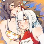  2girls :d animal_ears bikini black_hair blush breasts chestnut_mouth fang flipped_hair gloves grey_hair highres hololive ikayaki_(ikayaki4) large_breasts leaf_print long_hair looking_at_viewer medium_breasts multicolored_hair multiple_girls nakiri_ayame nontraditional_school_swimsuit one-piece_swimsuit ookami_mio ookami_mio_(hololive_summer_2019) print_bikini red_hair red_one-piece_swimsuit school_swimsuit smile spiked_hair streaked_hair sunset swimsuit very_long_hair virtual_youtuber white_gloves wolf_ears yellow_eyes 