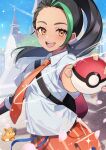  1girl :d backpack bag black_hair breast_pocket building commentary_request day eyelashes freckles green_hair hachimitsu_monte holding holding_poke_ball looking_at_viewer multicolored_hair necktie nemona_(pokemon) open_mouth orange_eyes orange_necktie orange_shorts outdoors pawmi pocket poke_ball poke_ball_(basic) pokemon pokemon_(creature) pokemon_(game) pokemon_sv ponytail shirt short_sleeves shorts smile sparkling_eyes teeth tongue two-tone_hair upper_teeth_only 