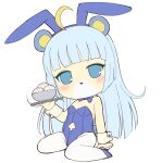  1girl absurdres ahoge animal_ears baozi bare_shoulders blue_bow blue_bowtie blue_eyes blue_footwear blue_hair blue_hairband blush bow bowl bowtie chibi clothing_cutout fake_animal_ears food full_body hairband hand_up high_heels highres holding holding_tray long_hair looking_at_viewer navel_cutout nyama pantyhose rabbit_ears rabbit_tail shoes show_by_rock!! simple_background sitting solo spade_cutout tail tray tsukino_(show_by_rock!!) very_long_hair wariza white_background white_pantyhose wrist_cuffs 