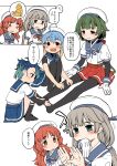  5girls arm_warmers blonde_hair blue_hair blue_neckerchief blue_sailor_collar blue_skirt brown_eyes brown_hair commentary_request fukae_(kancolle) gloves gradient_hair green_hair grey_hair harukaze_unipo hat highres kantai_collection long_hair low_ponytail low_twintails massage mikura_(kancolle) multicolored_hair multiple_girls neckerchief noumi_(kancolle) pleated_skirt puffy_sleeves red_eyes red_skirt sado_(kancolle) sailor_collar sailor_hat school_uniform serafuku shirt short_hair side_ponytail sidelocks single_arm_warmer sitting skirt sleeveless sleeveless_shirt translation_request twintails undershirt upper_body white_gloves white_headwear white_shirt yashiro_(kancolle) 