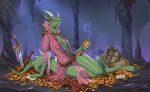  anthro biped breasts cave clothed clothing coin dragon female gold_(metal) gold_coin green_body green_scales hi_res horn melee_weapon reptile scales scalie shamerli smoke solo stalactite stalagmite sword treasure weapon 