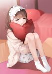  1girl bare_legs blurry blurry_background blush brown_hair cardigan cushion frilled_hairband frills hairband half-closed_eyes head_rest highres hugging_own_legs idolmaster idolmaster_cinderella_girls indoors knees_up koyo_akio light_smile looking_ahead sakuma_mayu sitting sleep_bubble sleepy socks solo white_hairband white_socks 