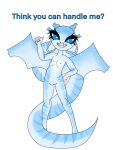  anthro aroused blue_body blue_eyes bomdi dragon female genitals gesture hi_res hip horn looking_at_viewer markings pussy raised_arm scales scalie solo spread_wings standing striped_body stripes tail tail_markings teeth_showing teeths(character) thumbs_up wings 