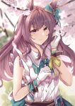  1girl absurdres bare_shoulders blue_bow bow bracelet brown_hair cherry_blossoms closed_mouth collared_shirt commentary_request ear_bow gloves hair_between_eyes highres jewelry long_hair looking_at_viewer mejiro_dober_(umamusume) outdoors purple_eyes pursed_lips ri_cochet shirt sidelocks sleeveless sleeveless_shirt solo umamusume upper_body white_gloves white_shirt 