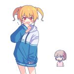  &lt;o&gt;_&lt;o&gt; 2girls :d absurdres blonde_hair blue_hoodie blush_stickers braid brown_hair chibi collared_shirt cropped_torso drawstring flying_sweatdrops hair_between_eyes hand_up highres hood hood_down hoodie idoly_pride kabotd kana_(idoly_pride) kawasaki_sakura_(idoly_pride) long_sleeves looking_at_viewer multiple_girls pink_shirt polo_shirt puffy_long_sleeves puffy_sleeves red_eyes shirt short_sleeves short_twintails simple_background sleeves_past_wrists smile twintails white_background white_hoodie 