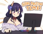  1girl :q absurdres blunt_bangs bow bowtie breasts bridal_gauntlets cleavage commentary computer english_commentary english_text genshin_impact hair_ornament highres hinghoi japanese_clothes keyboard_(computer) long_hair long_sleeves meme mole mole_under_eye monitor mouse_(computer) purple_eyes purple_hair raiden_shogun red_bow red_bowtie rgb_lights seggs_(meme) sidelocks simple_background solo tongue tongue_out wide_sleeves 
