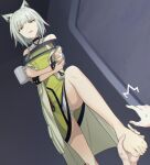  animal_ear_fluff animal_ears arknights barefoot cat_ears cat_girl crossed_arms cup dress green_dress green_eyes highres holding holding_another&#039;s_foot holding_cup kal&#039;tsit_(arknights) liang_chan_xing_make_tu looking_at_viewer no_shoes off-shoulder_dress off-shoulder_jacket off_shoulder panties pantyshot pov underwear white_panties 