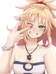  1girl absurdres bare_arms bare_shoulders blonde_hair blue_nails camisole cleavage_cutout clothing_cutout collarbone commentary_request fate/apocrypha fate_(series) green_eyes grin hand_up head_tilt highres liangmian long_hair looking_at_viewer mordred_(fate) mordred_(fate/apocrypha) nail_art nail_polish one_eye_closed ponytail red_nails simple_background smile solo spaghetti_strap upper_body v white_background 