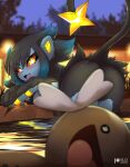  anthro black_body black_fur blush butt censored creative_censorship ear_piercing female fur generation_4_pokemon hera_(rilex_lenov) hi_res luxray nintendo open_mouth paldean_form paldean_wooper piercing pokemon pokemon_(species) red_sclera regional_form_(pokemon) rilex_lenov smile solo tail yellow_eyes 