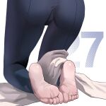 1girl ass barefoot blanket blue_archive feet from_behind highres himari_(blue_archive) khoaphan96 kneeling lower_body pants simple_background skinny soles solo white_background 