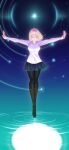  1girl antenna_hair arcueid_brunestud black_pantyhose blonde_hair blue_skirt boots breasts closed_eyes floating floating_clothes floating_hair full_body full_moon glitter glowing highres jewelry knee_boots large_breasts light_particles loannes miniskirt moon necklace outstretched_arms pantyhose reflection reflective_water ripples skirt solo standing star_(sky) sweater tsukihime tsukihime_(remake) turtleneck water white_sweater 