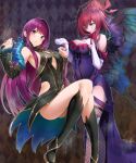  2girls absurdres bare_shoulders black_dress black_footwear blue_eyes boots breasts butterfly_wings cleavage commentary_request cosplay costume_switch detached_sleeves dress elbow_gloves facial_mark feet_out_of_frame fire_emblem fire_emblem_engage fire_emblem_heroes fishnet_thighhighs fishnets gloves hands_up head_tilt highres ivy_(fire_emblem) ivy_(fire_emblem)_(cosplay) large_breasts long_hair long_sleeves looking_at_viewer multiple_girls nakano_maru off-shoulder_dress off_shoulder purple_dress purple_eyes purple_hair sleeveless sleeveless_dress standing thighhighs triandra_(fire_emblem) triandra_(fire_emblem)_(cosplay) very_long_hair white_gloves wings 