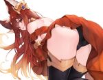  1girl animal_ears anthuria ass black_panties black_thighhighs commentary dress erune from_behind granblue_fantasy hair_ornament highres kneeling koretsuki_azuma long_hair looking_at_viewer looking_back open_mouth panties red_dress red_eyes red_hair revision simple_background solo thighhighs underwear white_background 