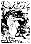  1girl armlet bare_tree black_hair boots breasts commentary earrings fence glaucosilvaart greyscale high_heel_boots high_heels jewelry knee_boots knee_up long_hair looking_at_viewer medium_breasts monochrome outdoors sitting skull solo tree vampirella vampirella_(character) 