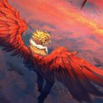  1boy above_clouds bird black_bird blonde_hair blurry blurry_foreground boku_no_hero_academia chromatic_aberration city cloud commentary cropped depth_of_field emily_ooi english_commentary falling_feathers feathered_wings feathers film_grain flying from_above from_behind full_body fur-trimmed_jacket fur_trim hawks_(boku_no_hero_academia) headphones highres jacket jpeg_artifacts light male_focus messy_hair midair outdoors pants perspective pink_clouds red_feathers red_wings short_hair solo spread_wings sunlight twilight wings wings_through_clothes yellow_jacket 