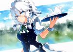  1girl blue_eyes blue_ribbon blue_vest bow bowtie braid commentary_request cup green_bow green_bowtie highres holding holding_tray izayoi_sakuya long_hair looking_at_viewer maid maid_headdress open_mouth puffy_short_sleeves puffy_sleeves qqqrinkappp ribbon shirt short_sleeves solo teacup teapot touhou traditional_media tray twin_braids upper_body vest white_hair white_shirt wrist_cuffs 