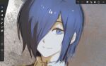  1girl astronut_zzz blue_eyes blue_hair brown_background closed_mouth collared_shirt grey_background hair_over_one_eye highres kirishima_touka looking_at_viewer portrait shirt short_hair smile solo tokyo_ghoul unfinished 