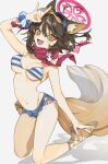  1girl \n/ animal_ear_fluff animal_ears arm_up bikini bikini_top_only blue_archive brown_footwear brown_hair commentary denim denim_shorts eyeshadow fang fox_ears fox_girl fox_tail full_body halo hamita_(rikopin_ika) highres izuna_(blue_archive) izuna_(swimsuit)_(blue_archive) kneeling looking_at_viewer makeup micro_shorts navel official_alternate_costume open_mouth pink_halo red_eyeshadow sandals scrunchie short_hair shorts sideways_glance simple_background smile solo striped striped_bikini swimsuit tail visor_cap white_background wrist_scrunchie yellow_eyes 