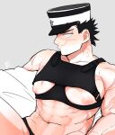  1boy bara black_hair golden_kamuy grey_background large_pectorals looking_at_viewer male_focus muscular muscular_male navel nipples onnomono pectorals scar scar_on_arm scar_on_cheek scar_on_chest scar_on_face scar_on_mouth scar_on_nose short_hair simple_background solo sugimoto_saichi 
