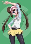  1girl :d aqua_eyes arm_up black_pantyhose bow breasts bright_pupils brown_hair commentary_request double_bun doughnut_hair_bun eyelashes gensei00 green_background hair_bun hand_on_own_hip highres looking_at_viewer open_mouth pantyhose pantyhose_under_shorts pink_bow pokemon pokemon_(game) pokemon_bw2 raglan_sleeves rosa_(pokemon) short_shorts shorts smile solo twintails v visor_cap white_pupils yellow_shorts 