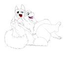  anthro blue_eyes breasts canid canine duo female female/female firecat fluffy fluffy_tail fox hair kitsune_youkai mammal mario_bros nintendo nipples open_mouth pink_tongue red_tongue simple_background tail tongue twilight_stormshi_(character) white_background yoshi 