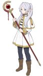  1girl elf frieren full_body holding holding_staff looking_at_viewer pointy_ears shiseki_hirame simple_background solo sousou_no_frieren staff standing twintails white_background 