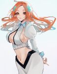  1girl arms_behind_back bleach bleach:_the_thousand-year_blood_war breasts brown_eyes cleavage cowboy_shot detached_sleeves eyebrows_hidden_by_hair eyelashes floating_hair hair_ornament hairclip highres inoue_orihime juliet_sleeves large_breasts long_sleeves looking_at_viewer navel official_alternate_costume orange_hair parted_bangs puffy_sleeves simple_background solo standing stomach ui_1231 white_background 