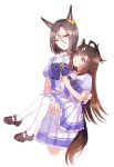  2girls aged_down ahoge air_groove_(umamusume) animal_ears blue_eyes bow bowtie breasts brown_footwear brown_hair carrying child_carry closed_mouth duramente_(umamusume) ear_bow horse_ears horse_girl horse_tail long_hair looking_at_another multiple_girls open_mouth purple_eyes purple_shirt romi_(346_ura) sailor_collar school_uniform shirt shoes short_hair short_sleeves simple_background skirt small_breasts smile tail thighhighs tracen_school_uniform umamusume white_background white_skirt white_thighhighs 