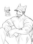  1boy animal_ears animal_hat arm_tattoo bara baseball_cap beard beard_stubble borrowed_character cat_cap_guy_(rinotuna) cat_ears cat_hat chibi chibi_inset crossed_arms facial_hair feet_out_of_frame greyscale hat highres knees_up large_pectorals laughing liliiliillj looking_ahead male_focus mature_male monochrome muscular muscular_male mustache mustache_stubble original pectorals shirt sitting sketch smile t-shirt tattoo thick_eyebrows white_background 