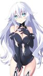  1girl bare_shoulders black_gloves black_heart black_leotard blue_eyes blush breasts cleavage elbow_gloves gloves happy highres iwashi_dorobou_-r- leotard long_hair looking_at_viewer medium_breasts neptune_(series) power_symbol smile solo symbol-shaped_pupils very_long_hair white_hair 