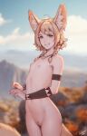  1girl ahoge animal_ears arm_strap blurry blurry_background braid brown_eyes brown_hair earrings flat_chest fox_ears fox_tail highres jewelry khiara_(personal_ami) long_tail necklace nipples nude original outdoors personal_ami pussy solo tail twin_braids uncensored 