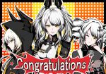  3girls animal_ears asymmetrical_bangs black_bodysuit black_dress black_hoodie black_jacket bodysuit closed_mouth congratulations dress drill_hair english_text fake_animal_ears gizamond grey_hair hair_ornament headgear highres hood hoodie horned_hood horns jacket karenina:_blast_(punishing:_gray_raven) karenina:_ember_(punishing:_gray_raven) karenina:_scire_(punishing:_gray_raven) karenina_(punishing:_gray_raven) mechanical_arms multiple_girls multiple_persona one_eye_closed orange_eyes parted_lips punishing:_gray_raven rabbit_ears short_hair_with_long_locks skin_tight twin_drills two_side_up white_bodysuit 