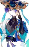  1boy armor blue_eyes blue_hair blue_headwear closed_mouth ezu_(e104mjd) genshin_impact hat japanese_armor japanese_clothes jewelry jingasa looking_at_viewer male_focus one_eye_covered pom_pom_(clothes) ring scaramouche_(genshin_impact) short_hair simple_background smile solo upper_body wanderer_(genshin_impact) white_background 