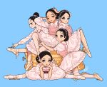  5girls animification ballet_slippers blue_background blue_eyes blush brown_footwear camisole closed_eyes collared_shirt double_bun expressionless feel_my_rhythm_(red_velvet) guriming hair_behind_ear hair_bun hairband hand_on_own_head highres irene_(red_velvet) joy_(red_velvet) k-pop looking_at_viewer looking_down looking_to_the_side multiple_girls pink_camisole pink_hairband pink_shirt pink_skirt pink_thighhighs real_life red_velvet_(group) seulgi_(red_velvet) shirt skirt split thighhighs tiara wendy_(red_velvet) yeri_(red_velvet) 