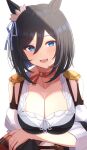  1girl bare_shoulders black_hair blue_eyes breasts cleavage detached_sleeves eishin_flash_(umamusume) german_clothes hair_between_eyes hanma_(user_emma7355) highres horse_girl looking_at_viewer smile solo umamusume upper_body 