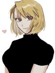  1girl alternate_hair_length alternate_hairstyle black_shirt blonde_hair bob_cut breasts brown_eyes closed_mouth fullmetal_alchemist heart highres large_breasts lipstick looking_at_viewer makeup ozaki_(tsukiko3) riza_hawkeye shirt short_hair short_sleeves simple_background smile solo turtleneck upper_body white_background 