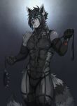  ailurid anthro black_body black_fur blue_eyes blue_nipples collar david_morston fur grey_body grey_fur group17 hal_greaves harness hi_res leash leash_and_collar looking_at_viewer male mammal nipples prosthetic prosthetic_arm prosthetic_limb red_panda solo 