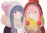  2girls blue_hair cup green_eyes holding holding_cup kagamihara_nadeshiko looking_at_viewer looking_to_the_side mittens multiple_girls pink_hair pom_pom_(clothes) purple_eyes sasanaco scarf shima_rin sidelocks simple_background white_background yurucamp 