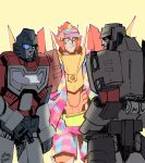  autobot barbenheimer_(meme) barbie_(franchise) barbie_(live_action) bilonic blue_eyes clothed_robot cosplay decepticon english_commentary fanny_pack ken_(barbie) ken_(barbie)_(cosplay) looking_at_viewer mecha megatron megatron_(idw) meme open_clothes open_shirt oppenheimer_(movie) parted_lips perceptor_(transformers) pink_shirt pink_shorts red_eyes robot rodimus shirt shorts smile the_transformers_(idw) transformers visor_cap yellow_background 